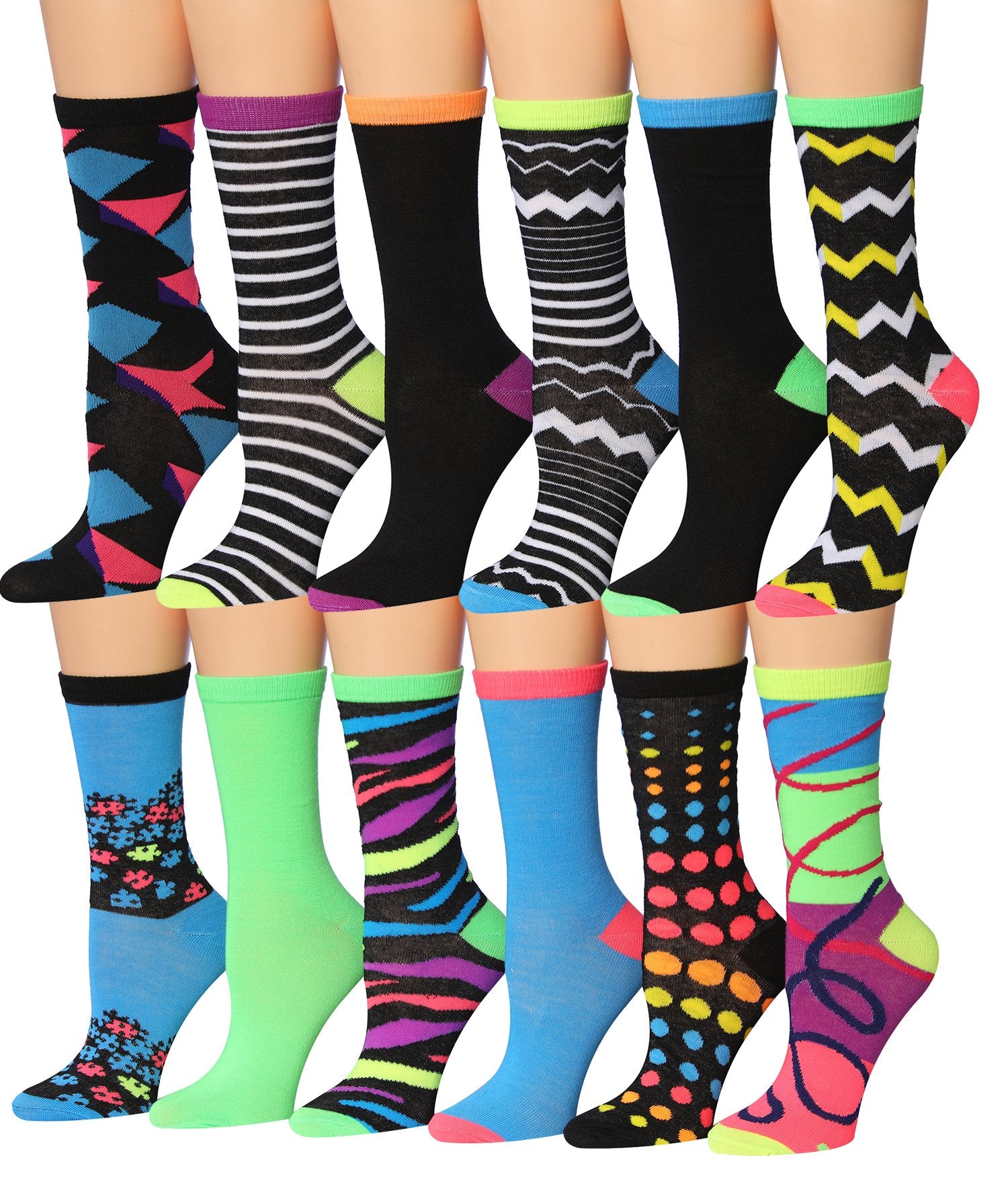 Tipi Toe Women's 12 Pairs Colorful Patterned Crew Socks