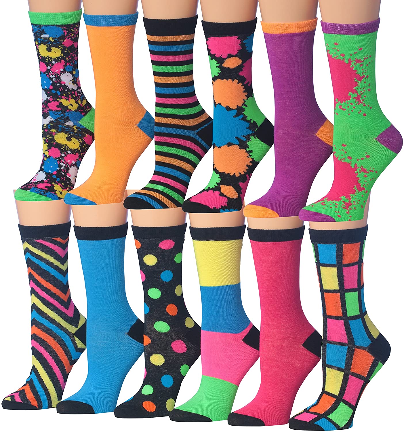 Tipi Toe Women's 12 Pairs Colorful Patterned Crew Socks