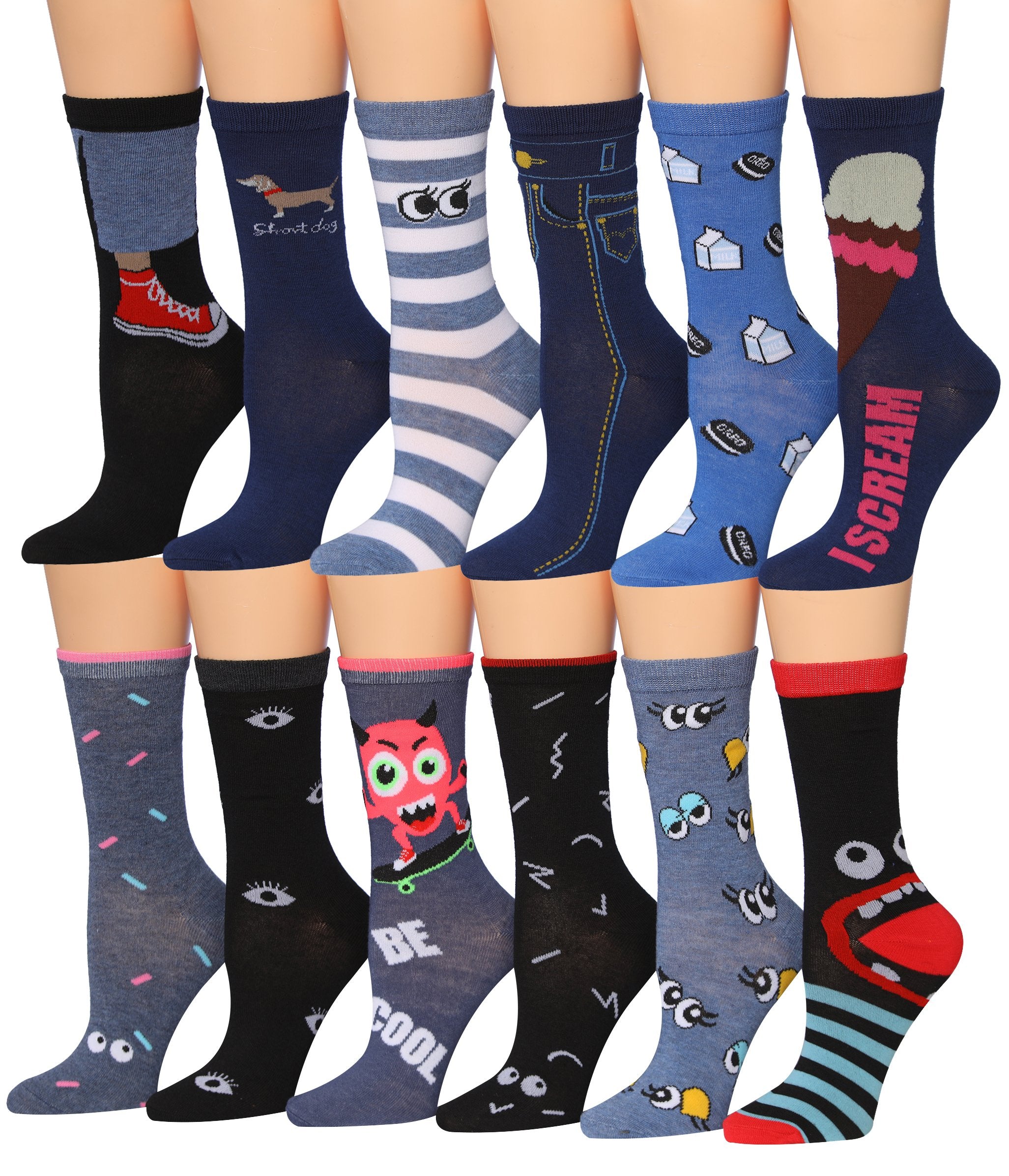 Tipi Toe Women's 12 Pairs Colorful Patterned Crew Socks