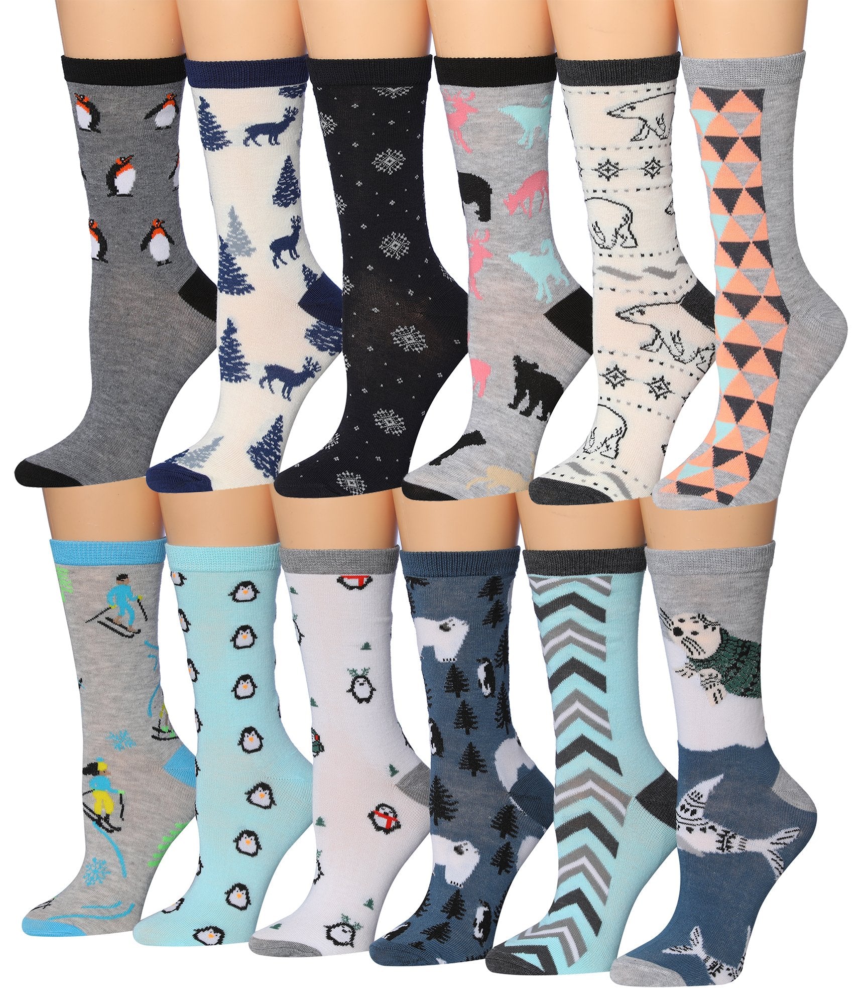 Tipi Toe Women's 12 Pairs Colorful Patterned Crew Socks