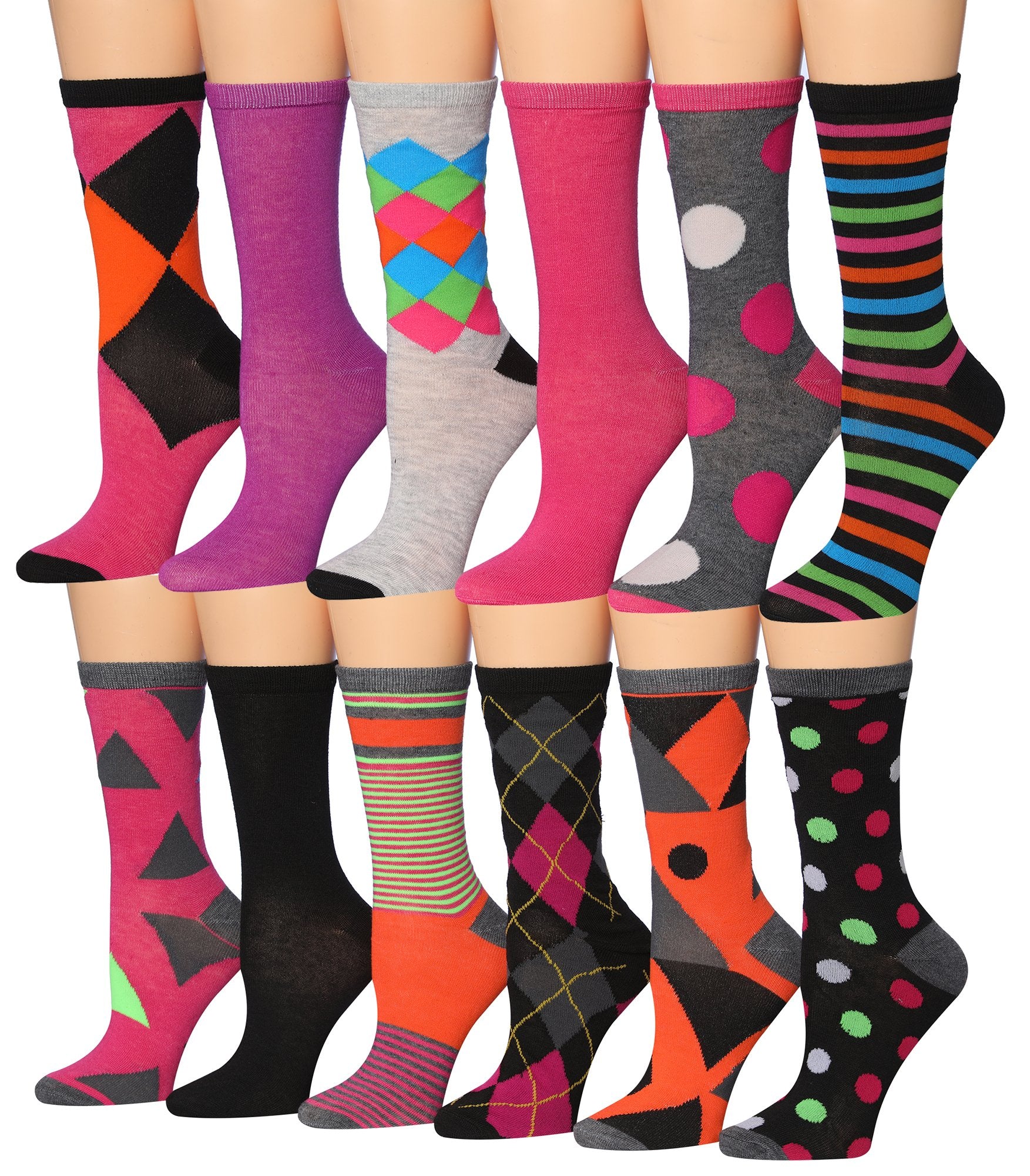 Tipi Toe Women's 12 Pairs Colorful Patterned Crew Socks