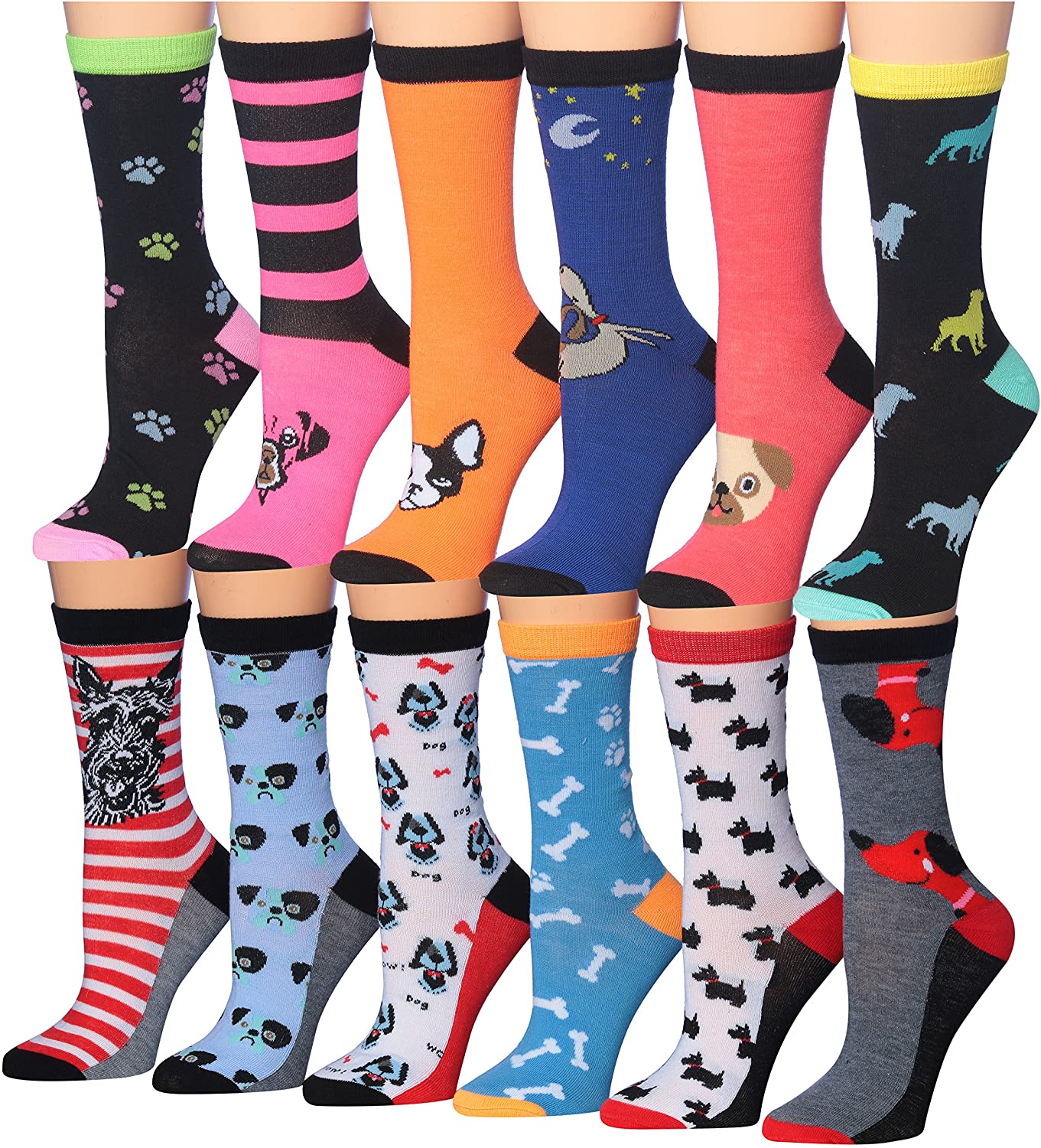 Tipi Toe Women's 12-Pairs Fashion Crew Novelty Cat Socks