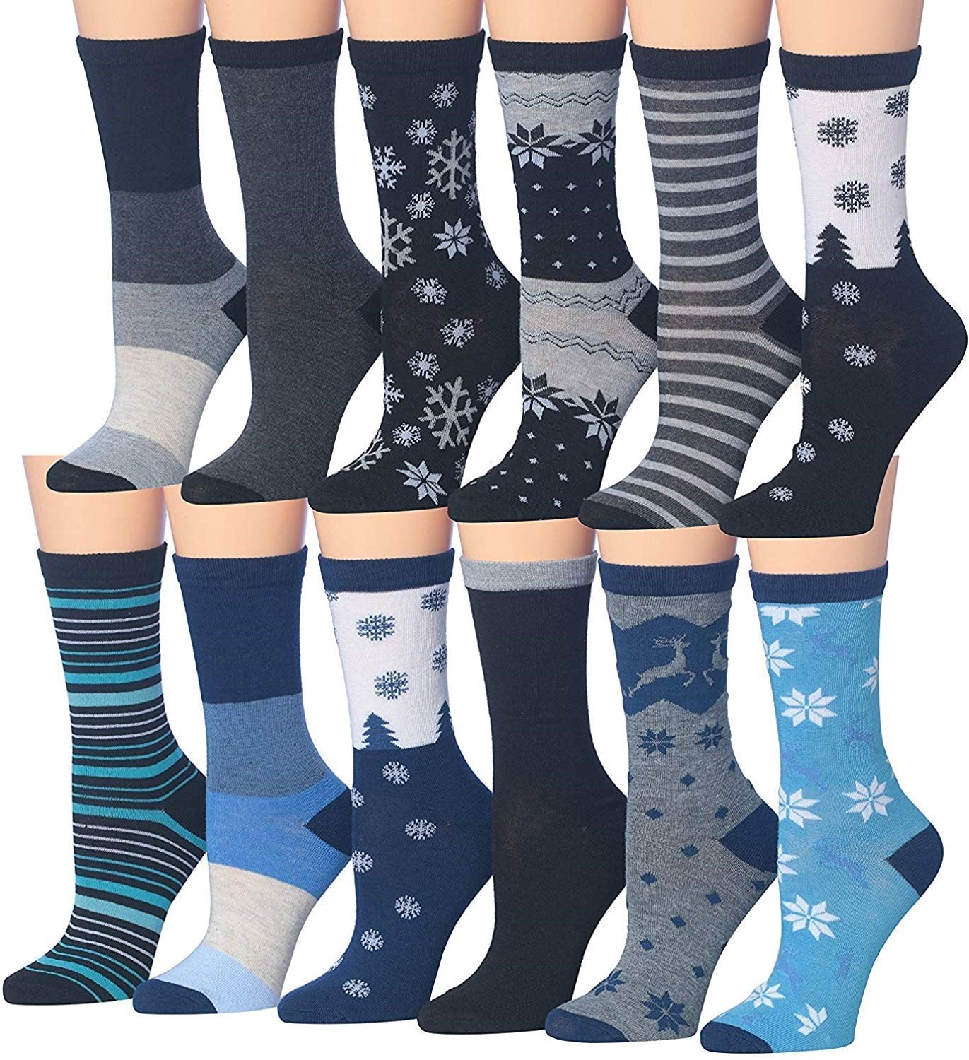 Tipi Toe Women's 12 Pairs Colorful Patterned Crew Socks