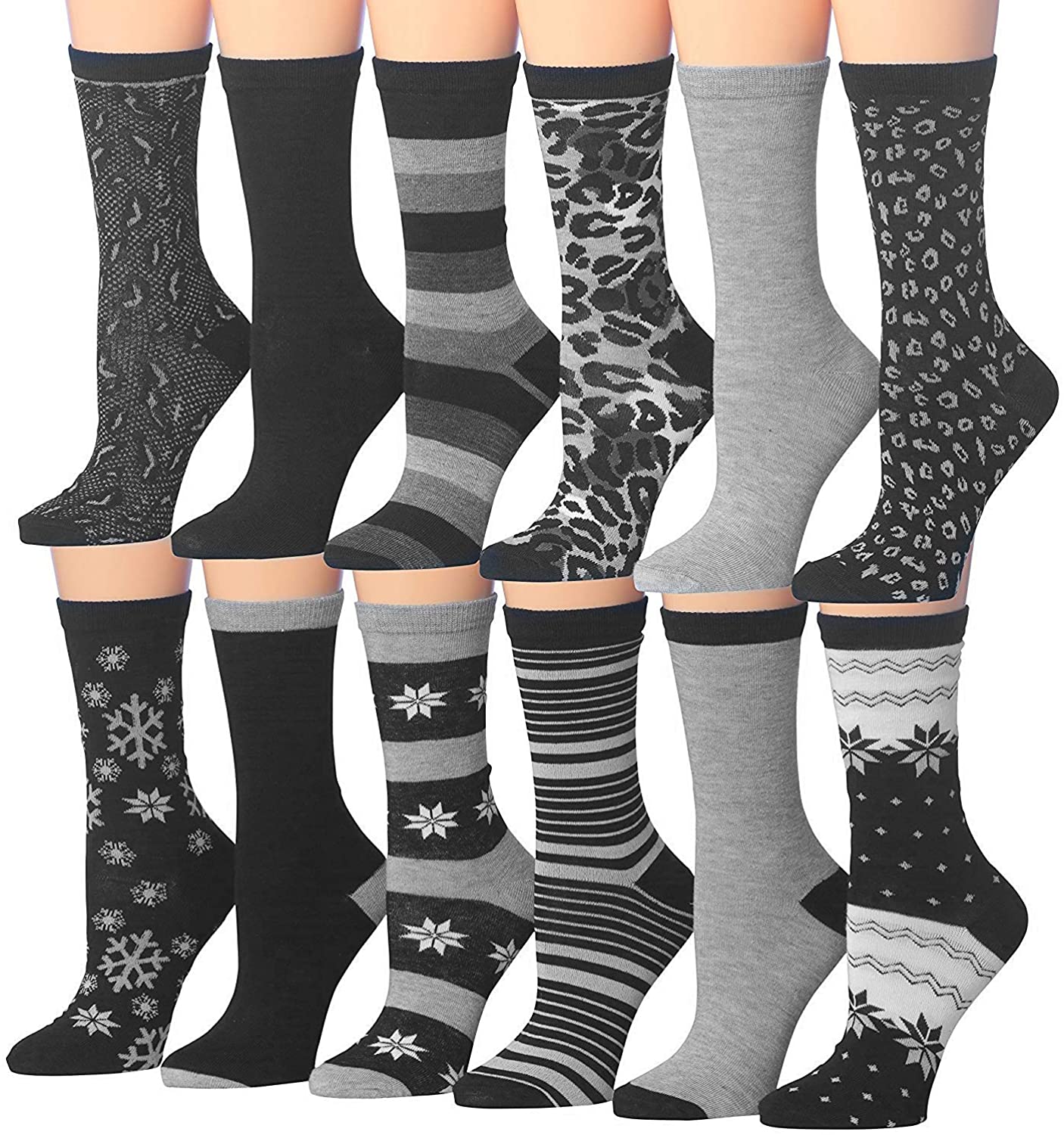 Tipi Toe Women's 12 Pairs Colorful Patterned Crew Socks