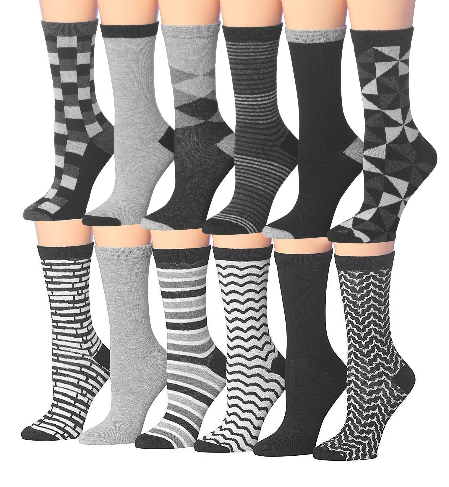 Tipi Toe Women's 12 Pairs Colorful Patterned Crew Socks