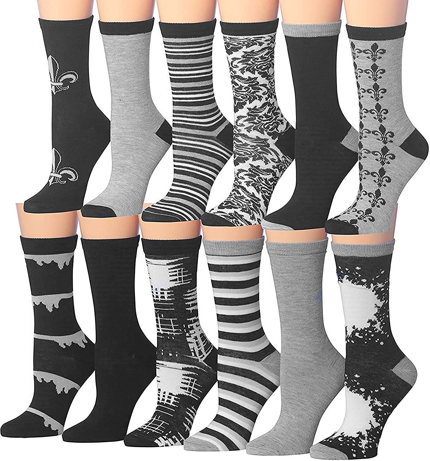 Tipi Toe Women's 12 Pairs Colorful Patterned Crew Socks