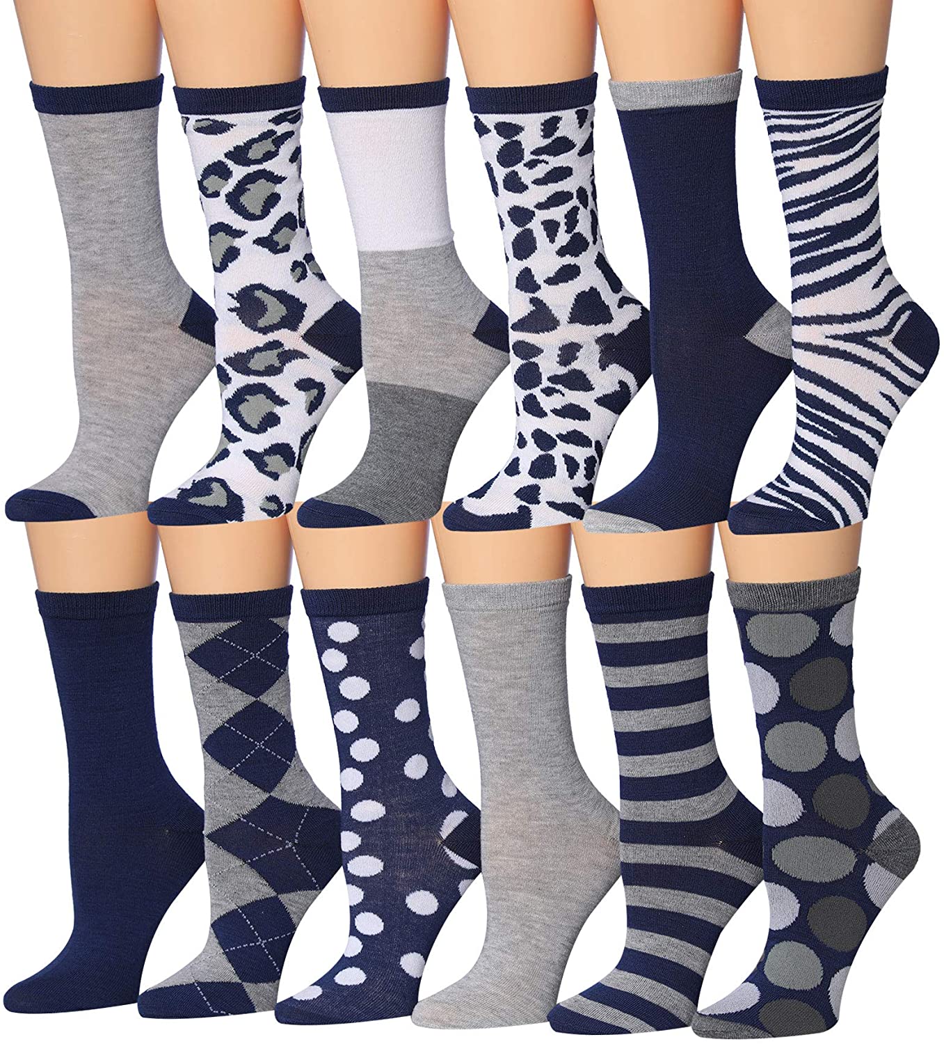 Tipi Toe Women's 12 Pairs Colorful Patterned Crew Socks