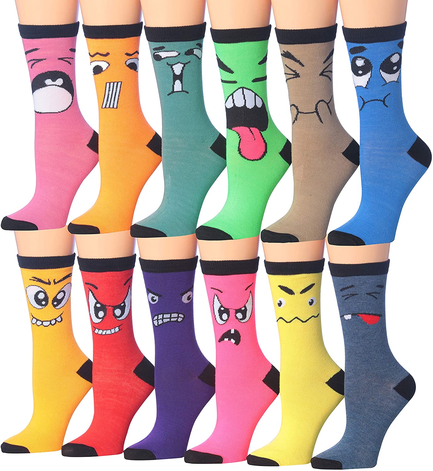 Tipi Toe Women's 12 Pairs Colorful Patterned Crew Socks