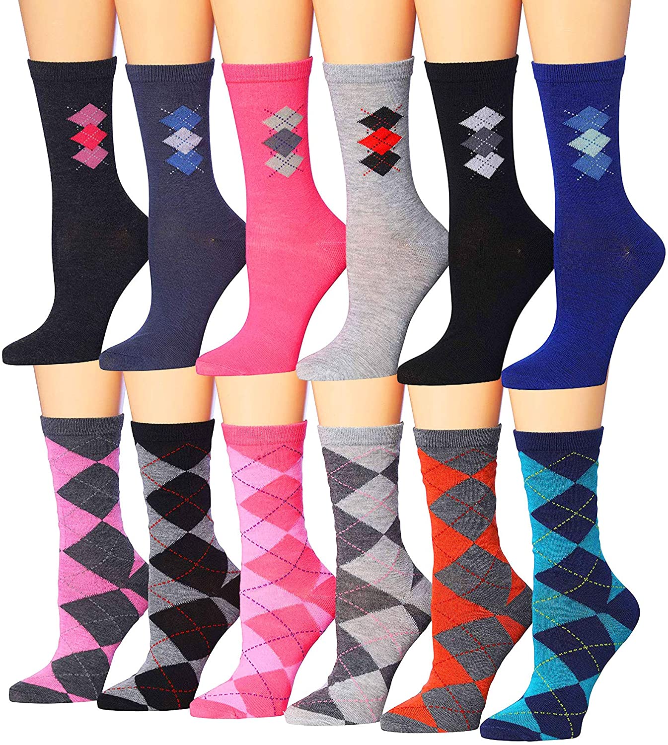 Tipi Toe Women's 12 Pairs Colorful Patterned Crew Socks