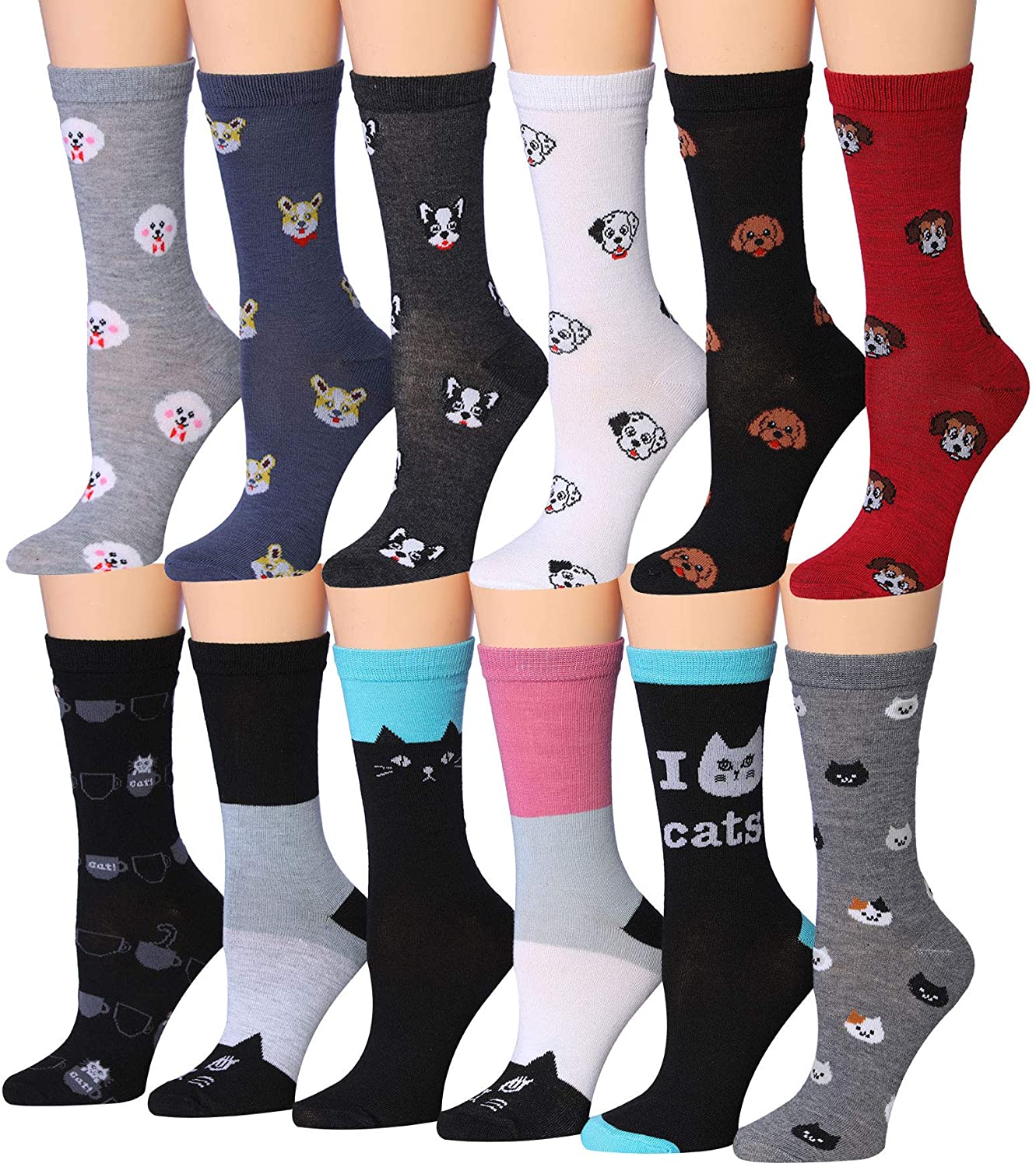 Tipi Toe Women's 12-Pairs Fashion Crew Novelty Cat Socks