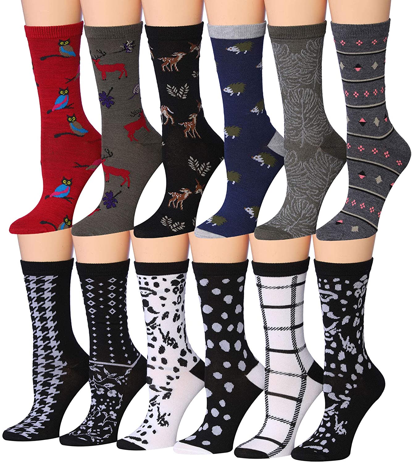 Tipi Toe Women's 12 Pairs Colorful Patterned Crew Socks