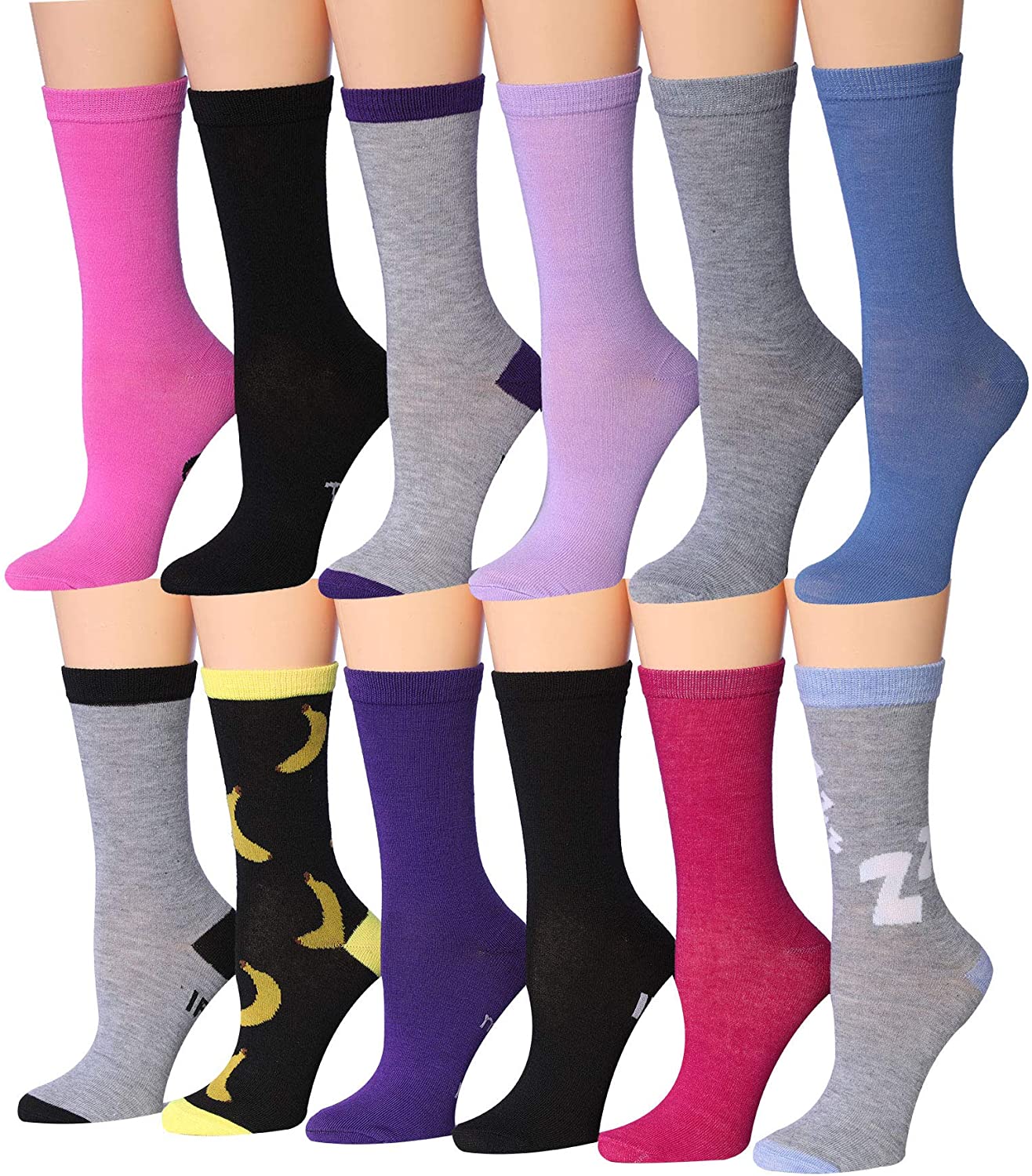 Tipi Toe Women's 12 Pairs Colorful Patterned Crew Socks