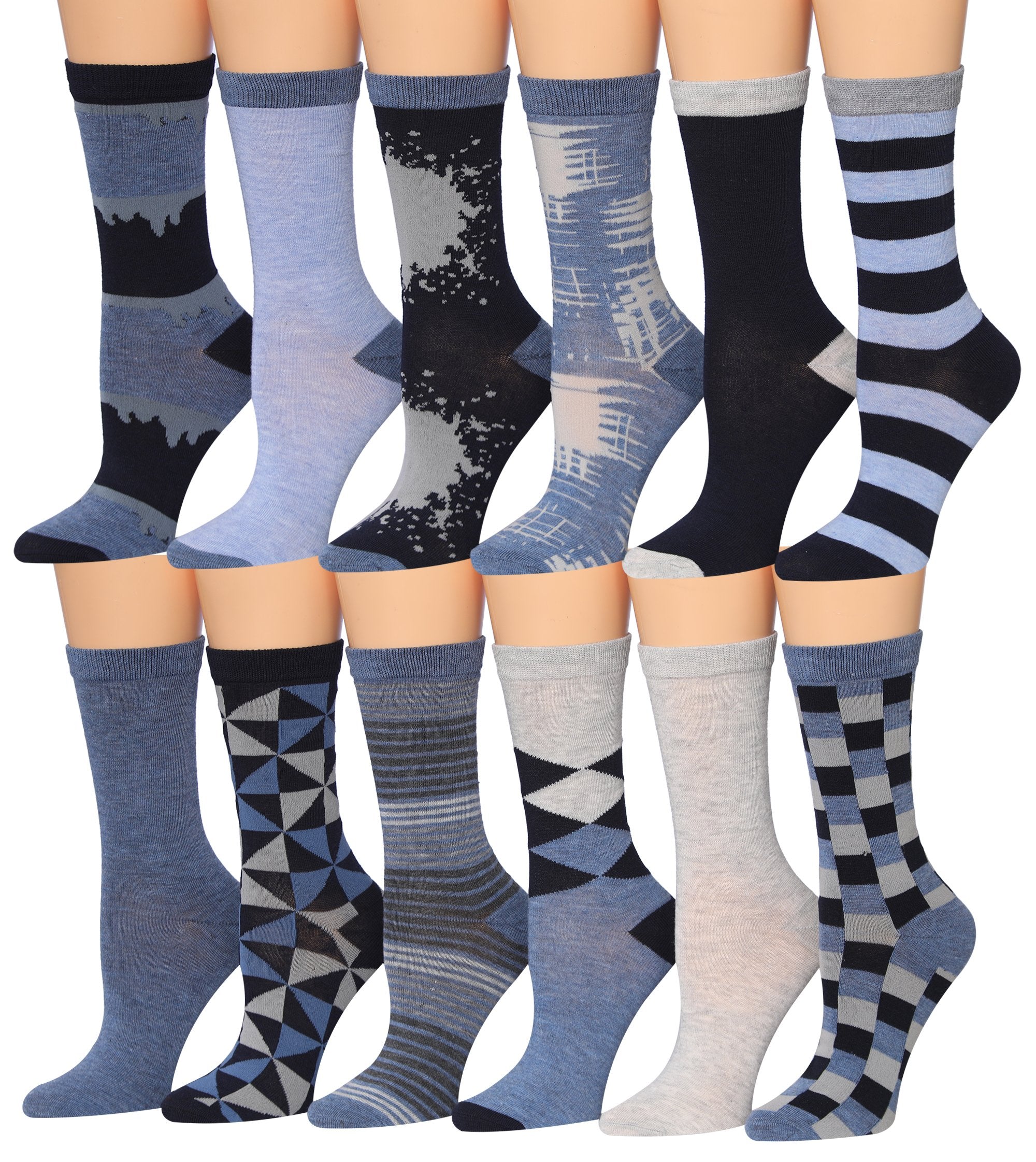 Tipi Toe Women's 12 Pairs Colorful Patterned Crew Socks