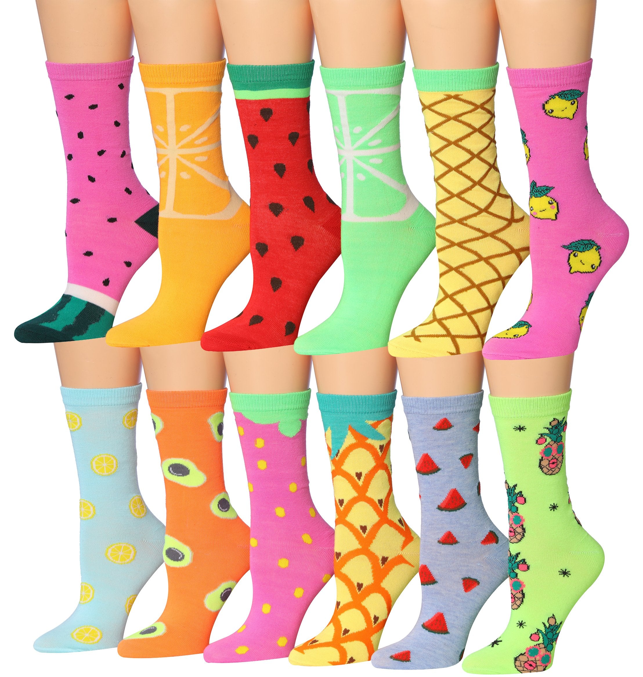 Tipi Toe Women's 12 Pairs Colorful Patterned Crew Socks