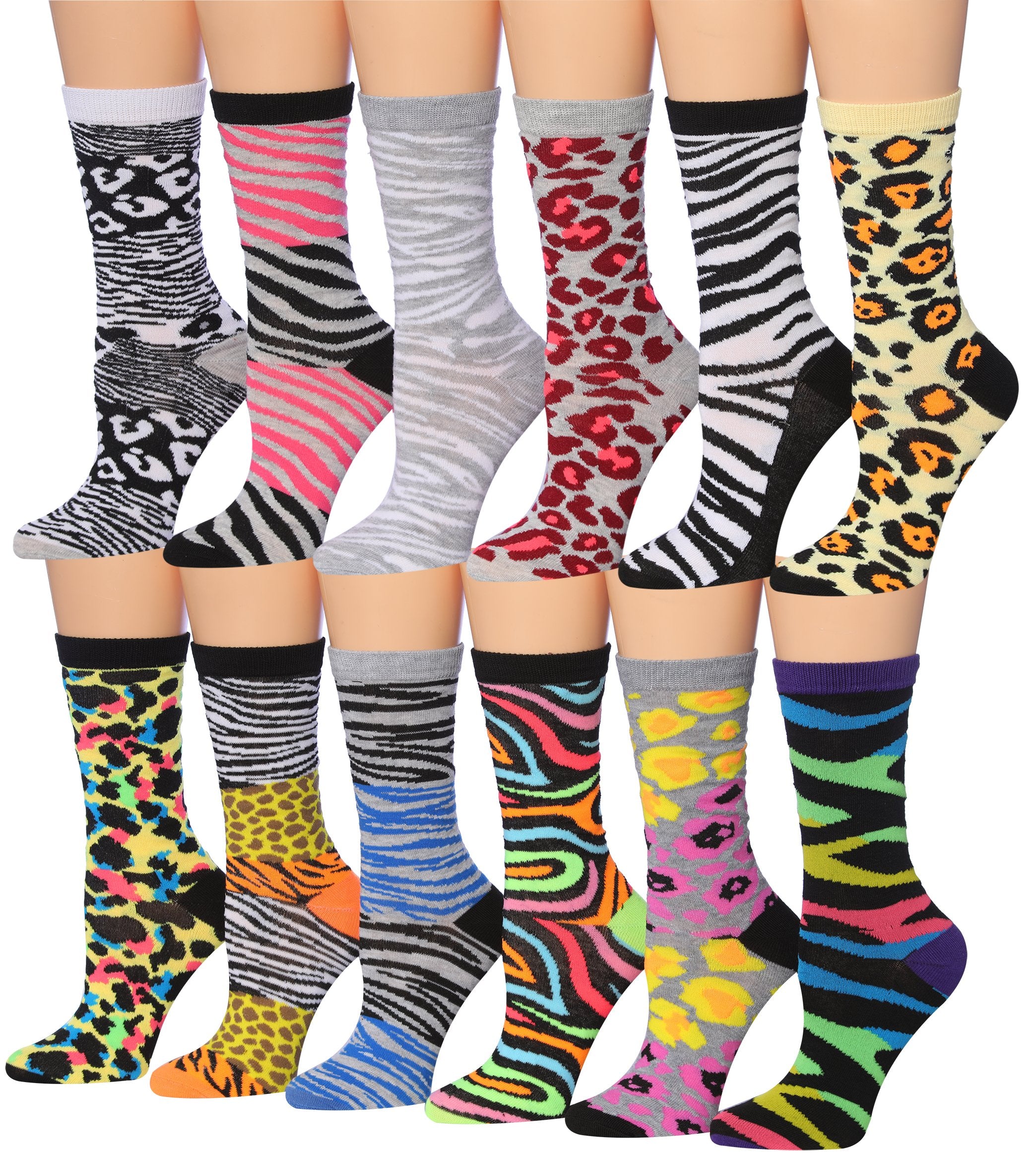 Tipi Toe Women's 12 Pairs Colorful Patterned Crew Socks