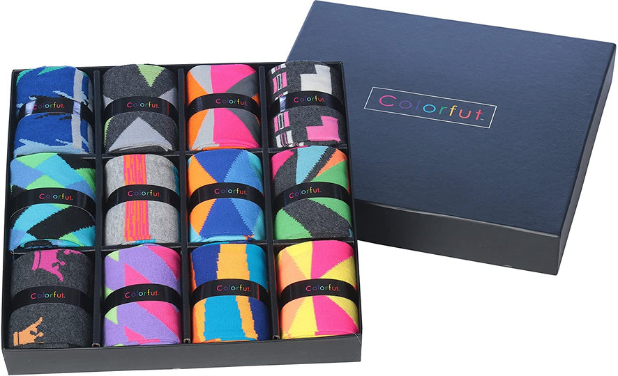 Colorfut Men's 12 Pairs Soft Cotton Blend Colorful Funky Gift Box Dress Socks