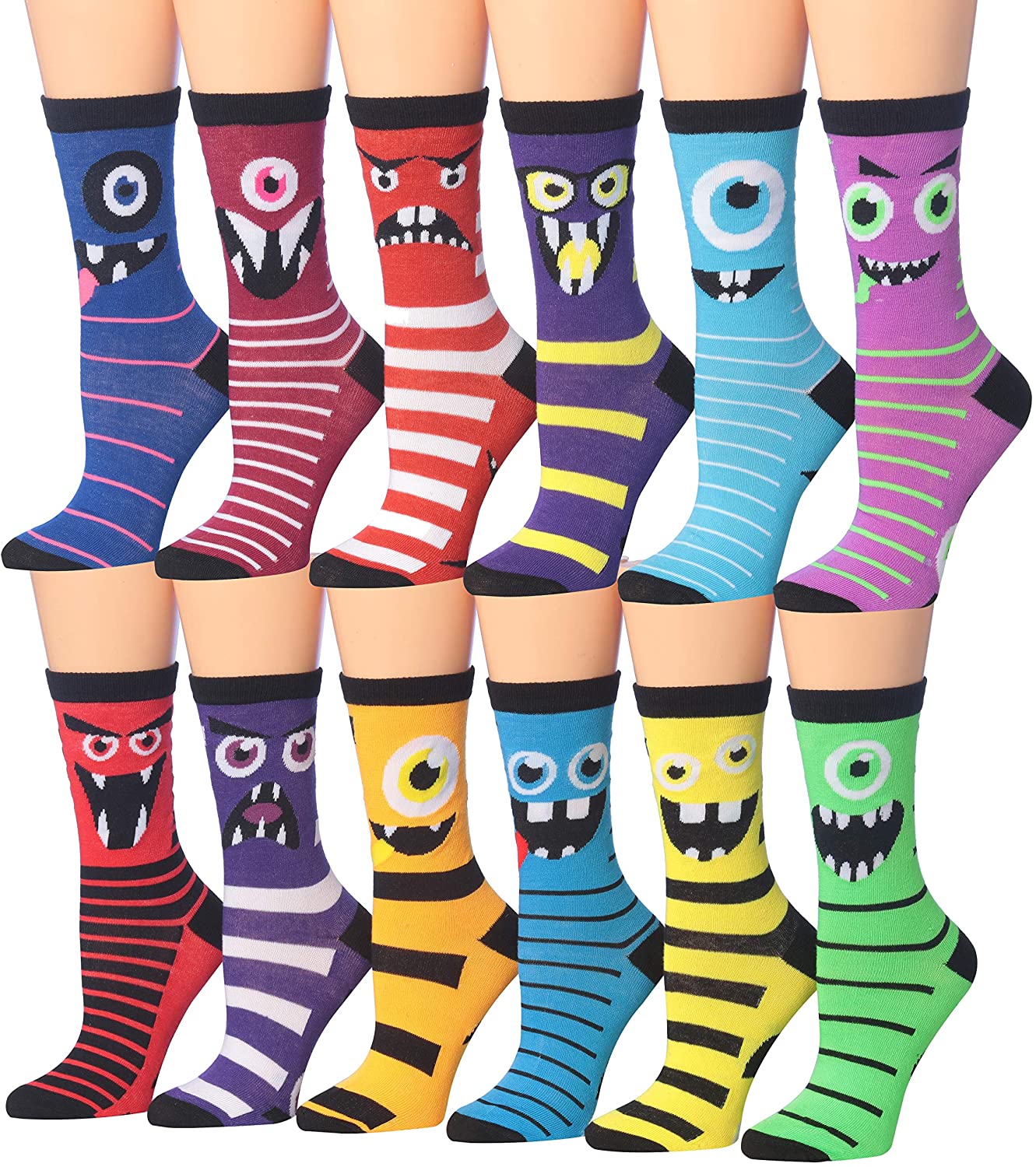 Tipi Toe Women's 12 Pairs Colorful Patterned Crew Socks