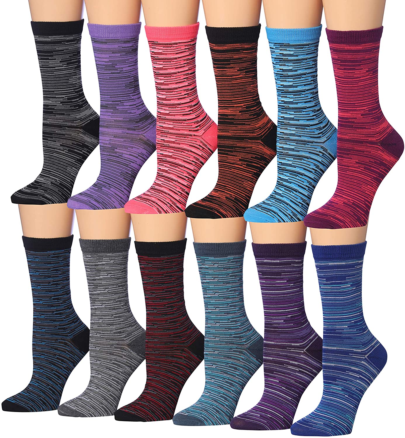 Tipi Toe Women's 12 Pairs Colorful Patterned Crew Socks