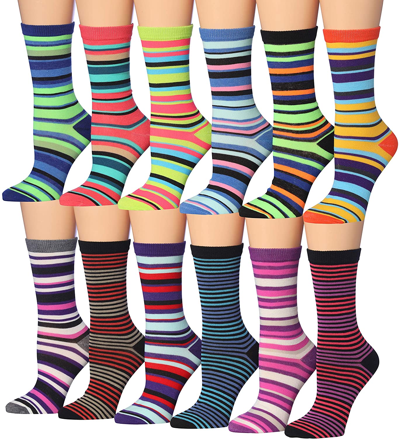 Tipi Toe Women's 12 Pairs Colorful Patterned Crew Socks